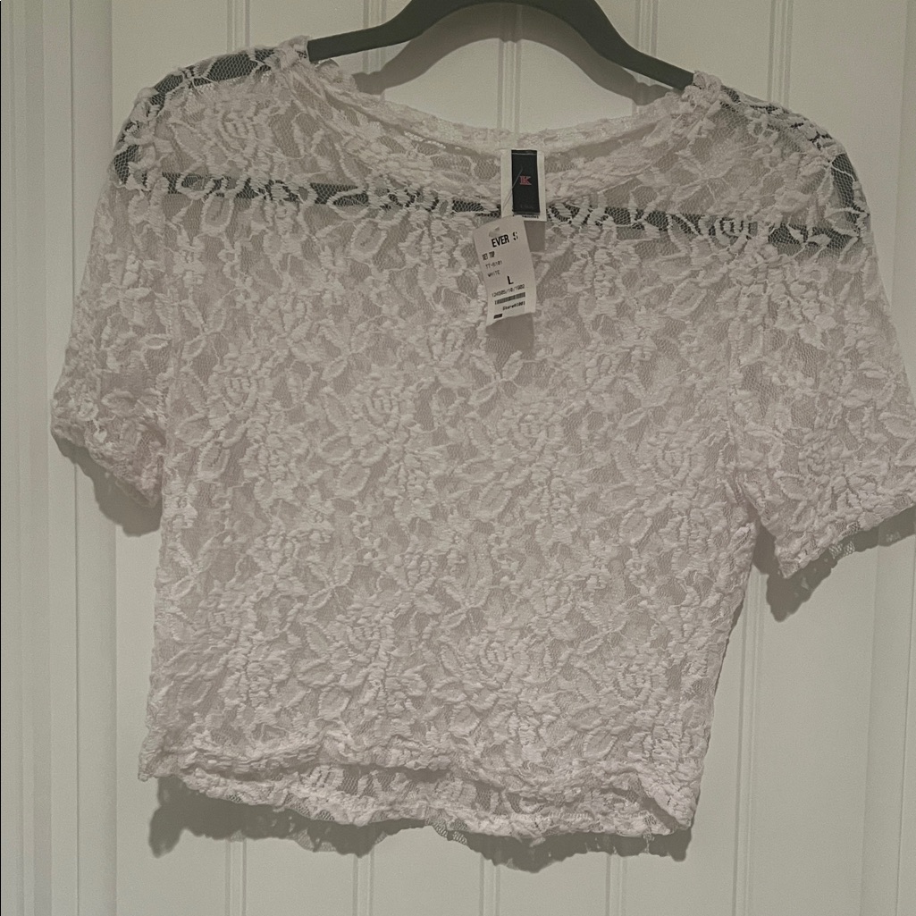 Lace Cropped Short Sleeve Top - White